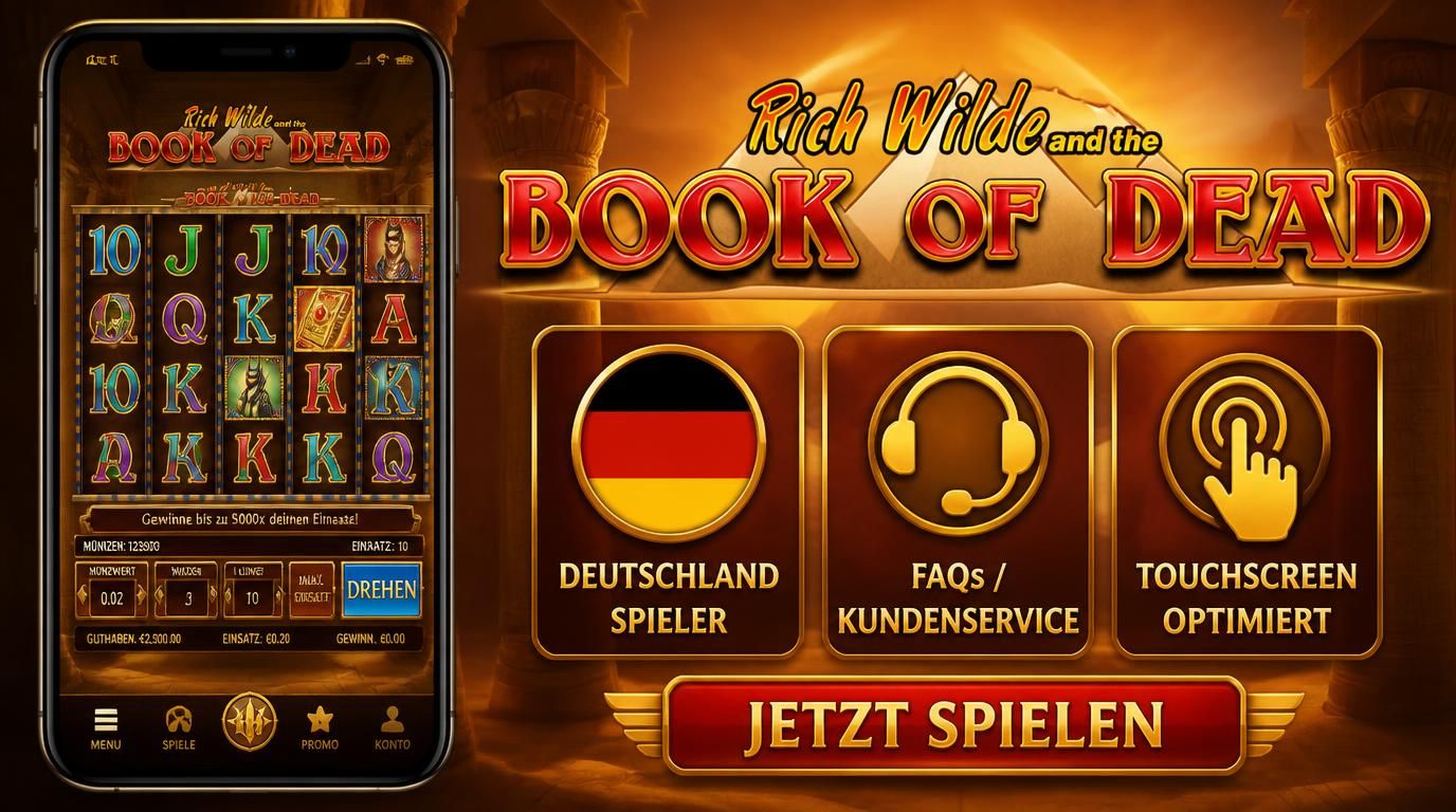 Smartphone zeigt Book of Dead im Hochformat mit deutscher Flagge im Hintergrund, ein kleines Hilfe-Symbol