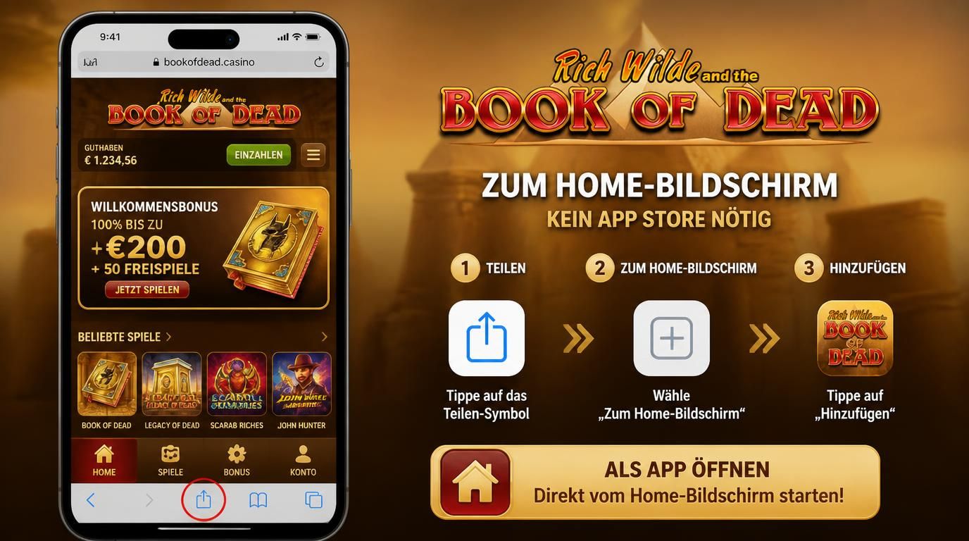 iPhone mit Home-Symbol auf Bildschirm, Safari geöffnet mit Book of Dead