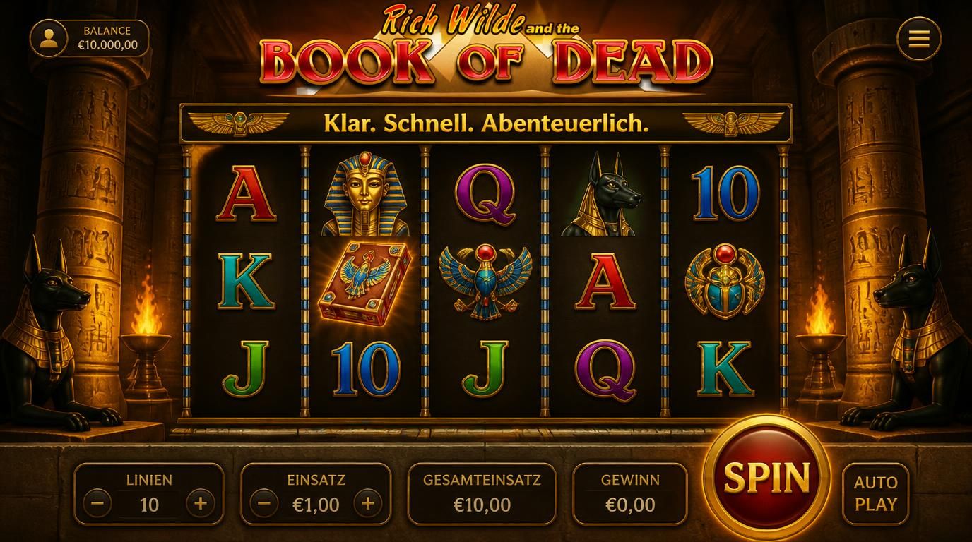 Ein tempelartiges Interface mit Walzen und reich verzierten Symbolen in Gold und Dunkel